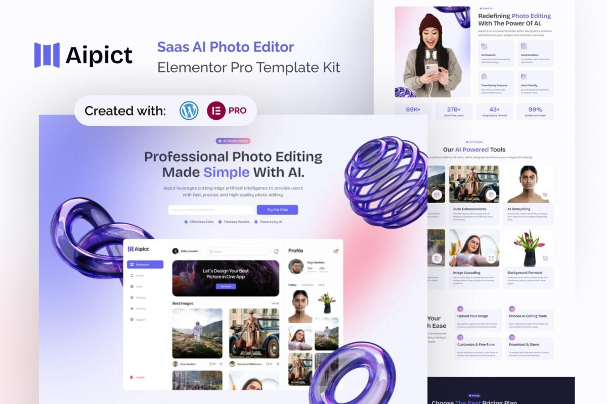 Aipict SaaS AI Photo Editor Website Elementor Pro Template Kit Download