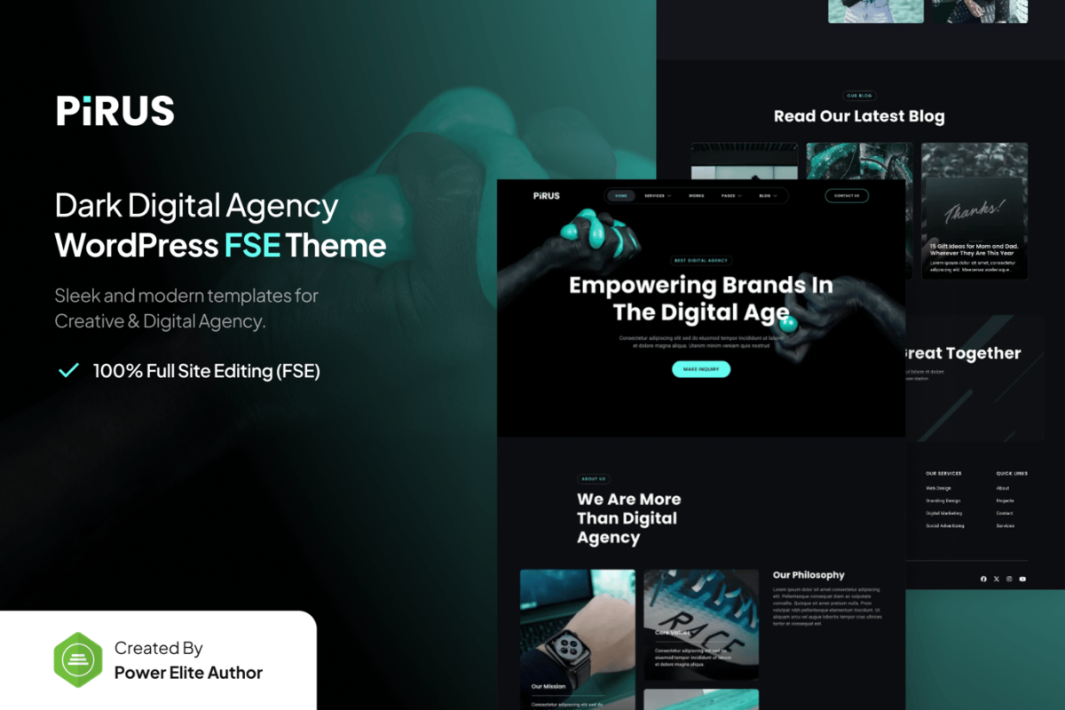 Pirus Dark Digital Agency FSE WordPress Theme Download