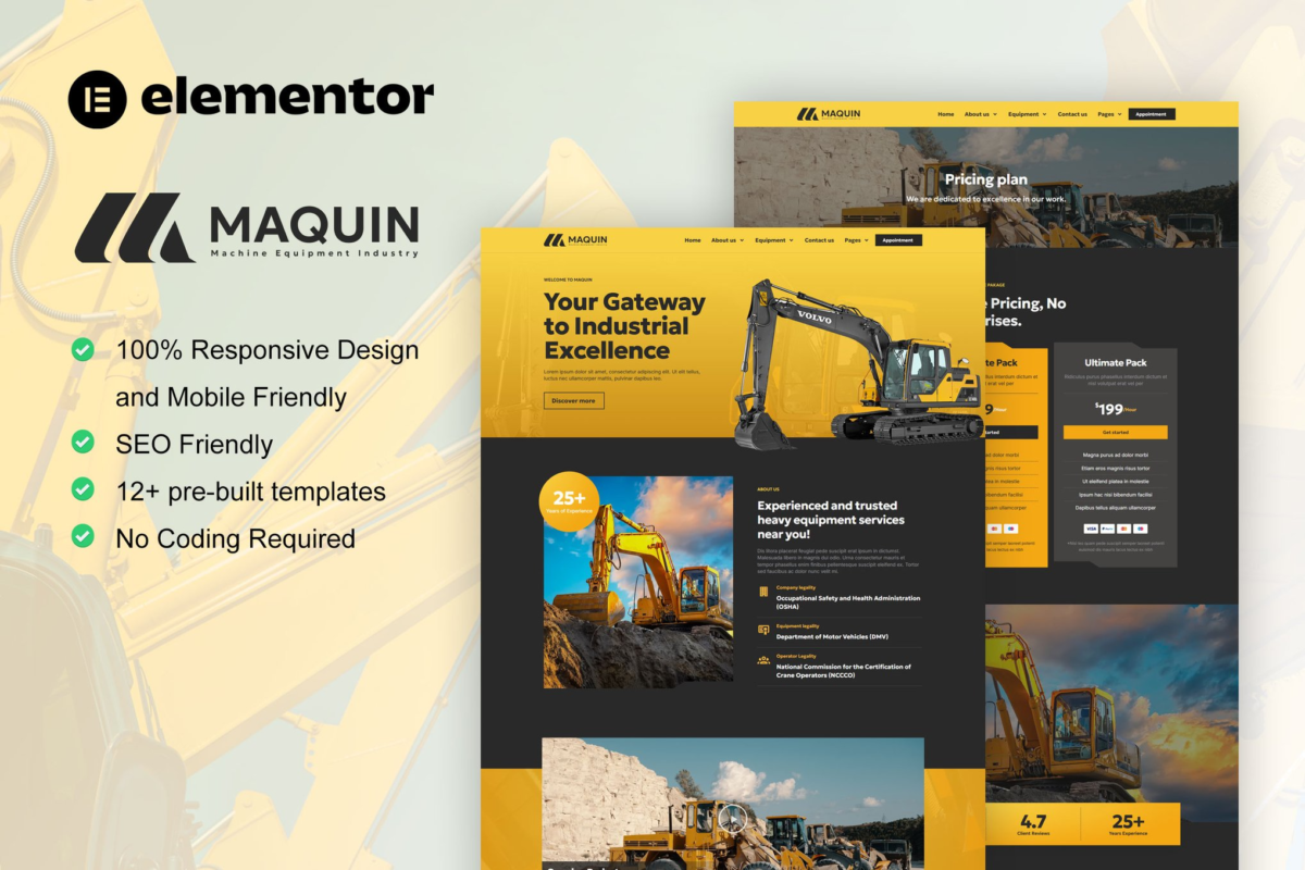 Maquin - Construction Equipment Rentals Elementor Pro Template Kit Download