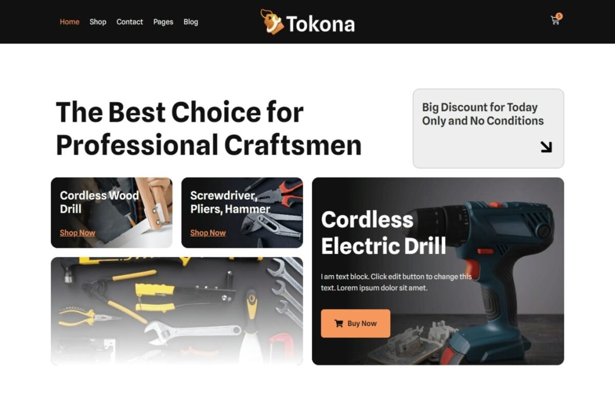 Tokona Tools Store Ecommerce Elementor Pro Template Kit