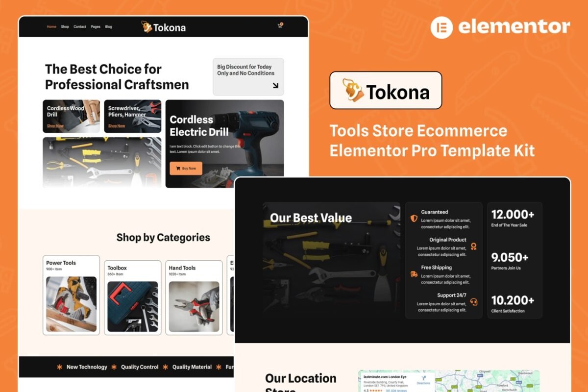 Tokona Tools Store Ecommerce Elementor Pro Template Kit Download